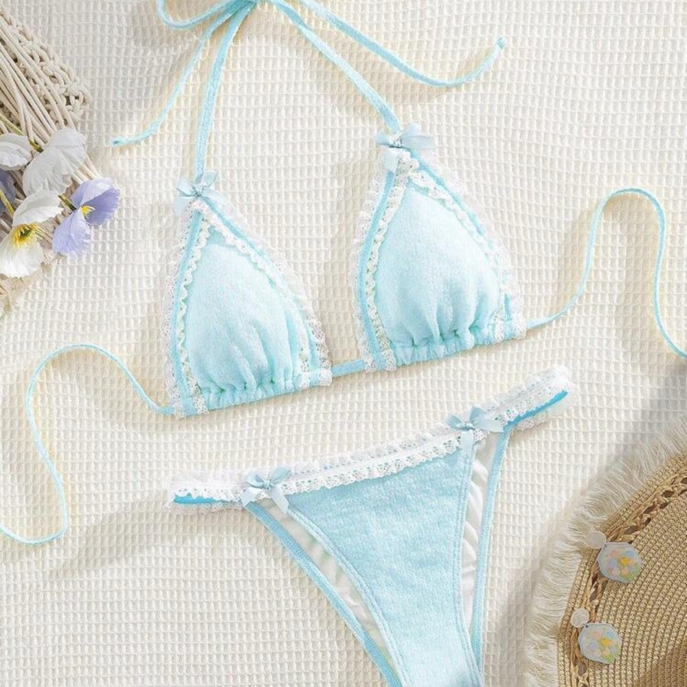 Light Blue Lace Trim Bikini Set